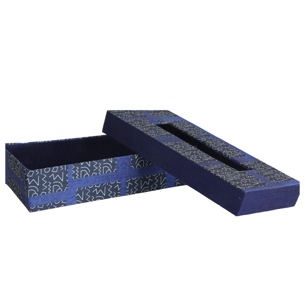 Indha Tissue Box | Handcrafted Tissue Paper Box Black &amp; Blue | Black &amp; Blue Dupion Silk Tissue Box | White And Blue Abstract Line Pattern Design Digitally Printed | 50 Papers Tissue Box |