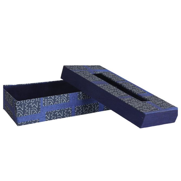 Indha Tissue Box | Handcrafted Tissue Paper Box Black &amp; Blue | Black &amp; Blue Dupion Silk Tissue Box | White And Blue Abstract Line Pattern Design Digitally Printed | 50 Papers Tissue Box |