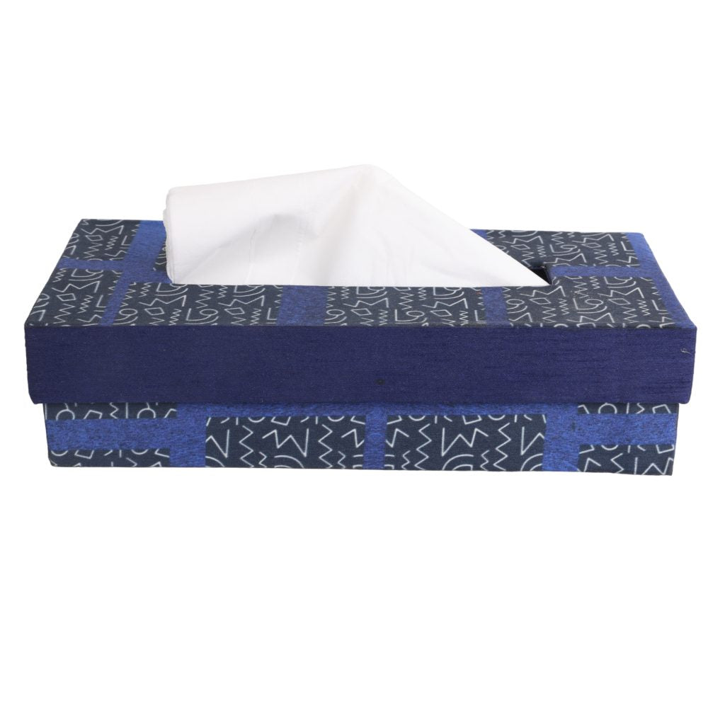 Indha Tissue Box | Handcrafted Tissue Paper Box Black &amp; Blue | Black &amp; Blue Dupion Silk Tissue Box | White And Blue Abstract Line Pattern Design Digitally Printed | 50 Papers Tissue Box |