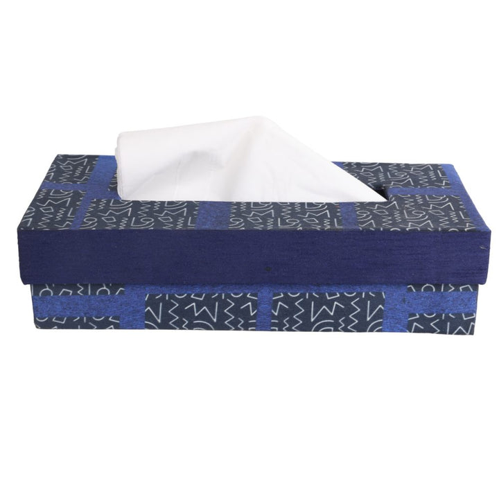Indha Tissue Box | Handcrafted Tissue Paper Box Black &amp; Blue | Black &amp; Blue Dupion Silk Tissue Box | White And Blue Abstract Line Pattern Design Digitally Printed | 50 Papers Tissue Box |