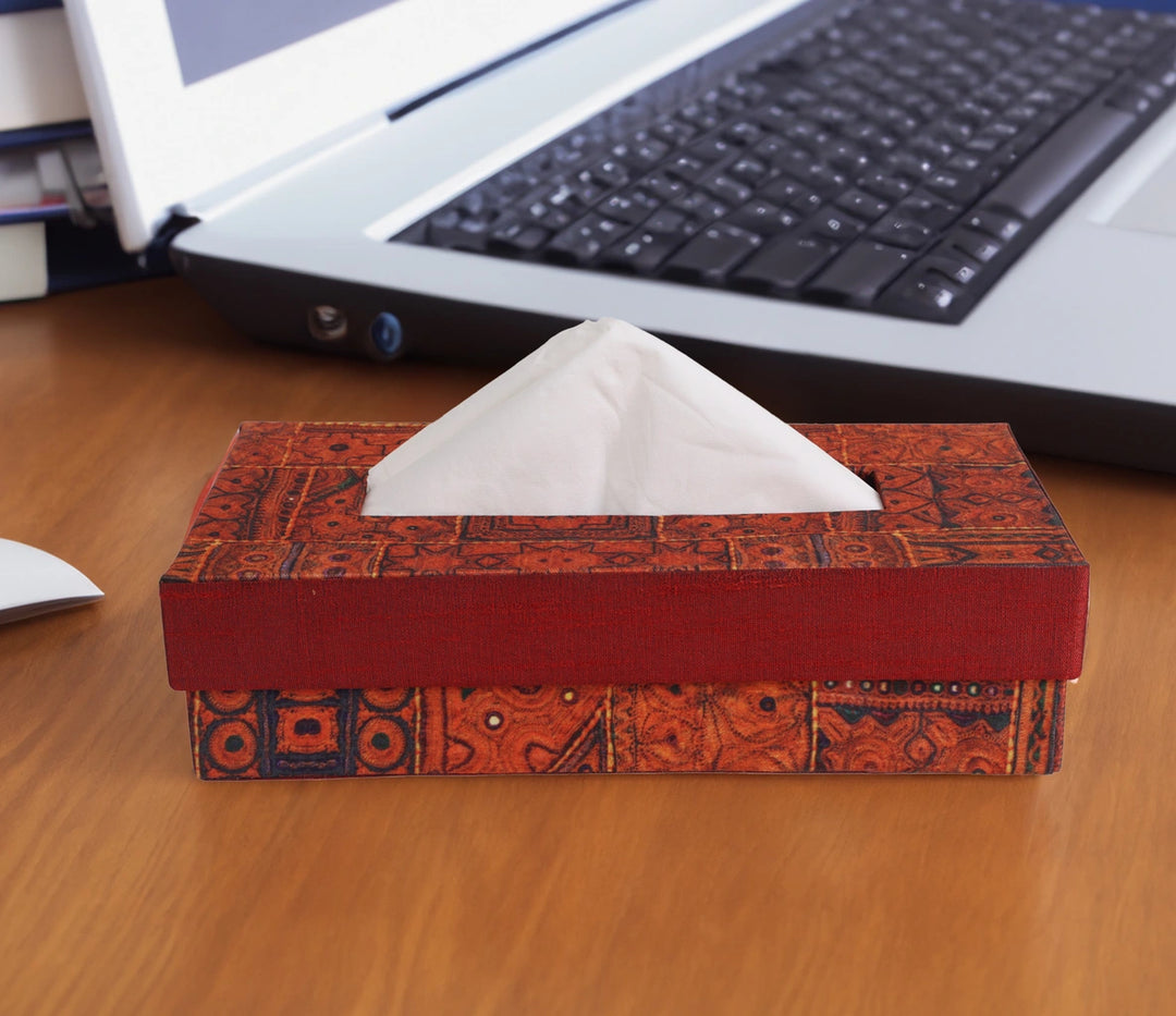 Indha Tissue Box | Handcrafted Tissue Box Orange &amp; Red | Orange and Red Dupion Silk Tissue Box | Black Indian Ethnic Traditional Design Pattern Digitally Printed | 50 Papers Tissue Box |