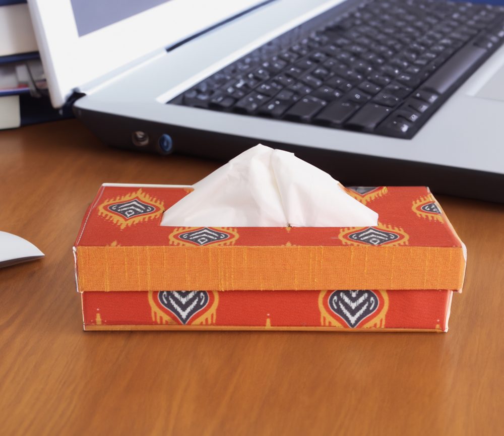 Indha Tissue Box | Handcrafted Tissue Box Orange | Red And Orange Dupion Silk Tissue Box | Blue And Yellow Flame Design Motif Digitally Printed | 50 Papers Tissue Box