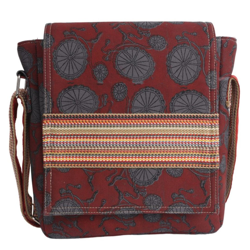 Handmade sling bag maroon canvas bicycle motif