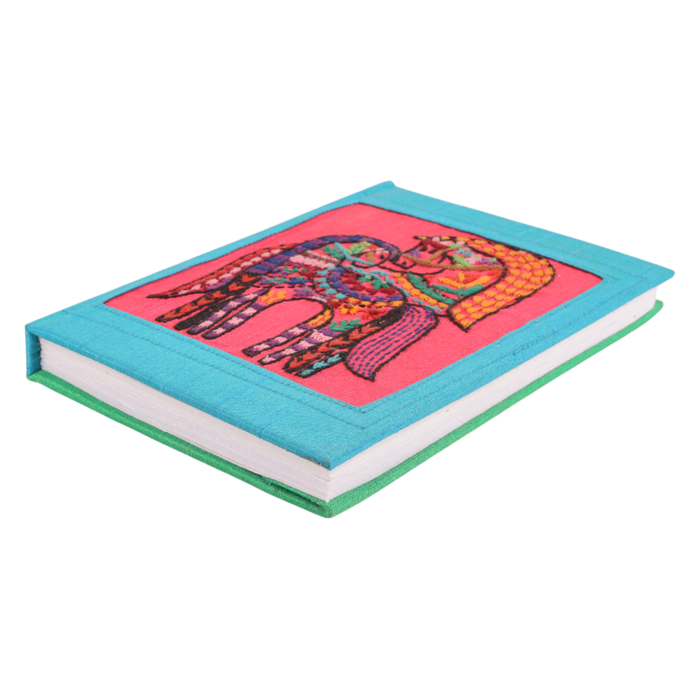 Indha Handmade Diary Horse Embroidery | Dupion Silk Cover | Eco-Friendly Recycled Paper (Blue &amp; Pink)