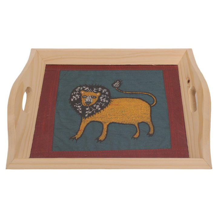 Indha Wooden Tray for Serving- Handmade &amp; Hand-Embroidered for Kitchen/Table &amp; Home Decor/Dinning/Gifts/Restaurants/Living Room/Coffee Table 8 Inch Rectangular Tray