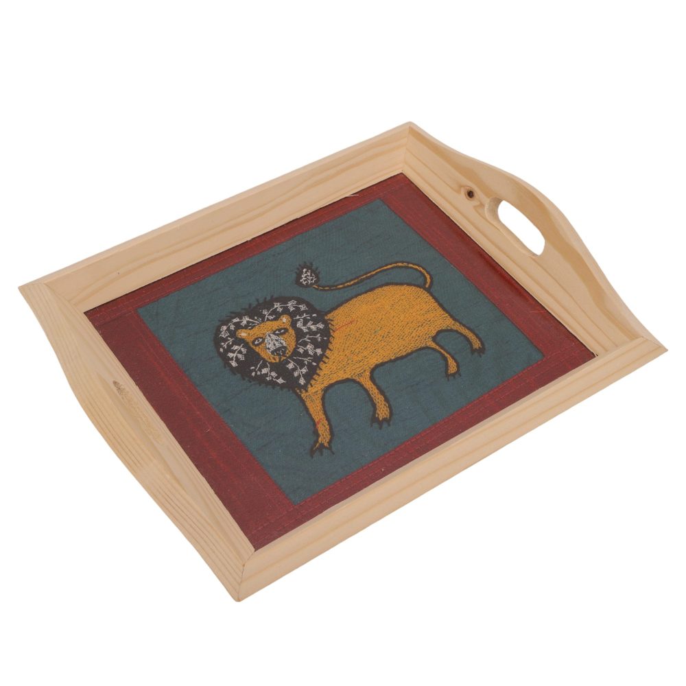 Indha Wooden Tray for Serving- Handmade &amp; Hand-Embroidered for Kitchen/Table &amp; Home Decor/Dinning/Gifts/Restaurants/Living Room/Coffee Table 8 Inch Rectangular Tray