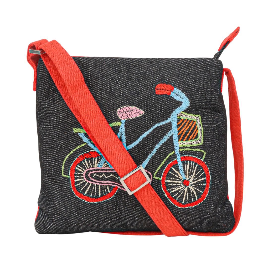 Handmade Embroidered Sling Bag | Colourful Bicycle Motif | Casual Crossbody for Everyday Use