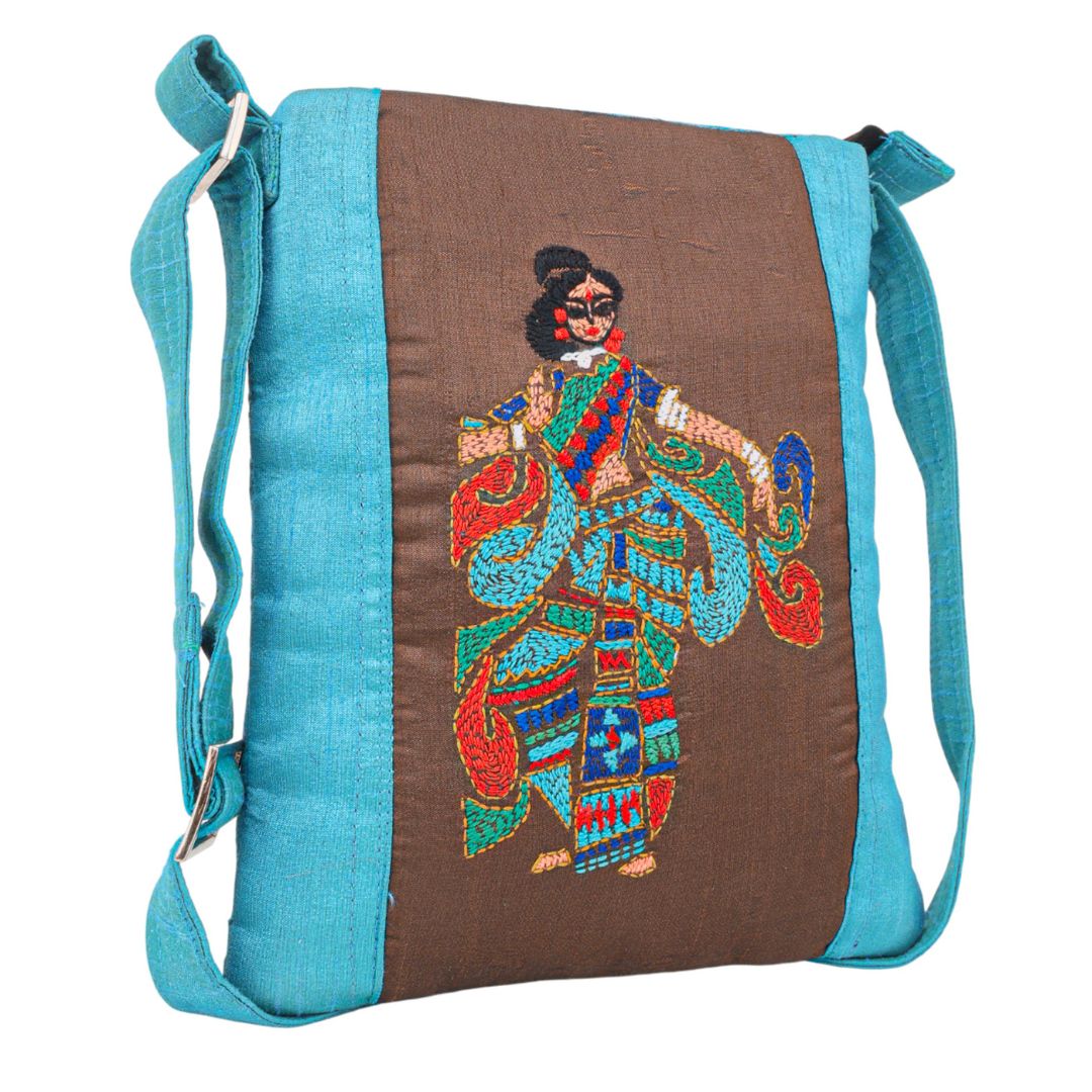 Handmade Embroidered Sling Bag | Colourful Dancing Woman Motif| Indian Classical Dance | Casual Crossbody