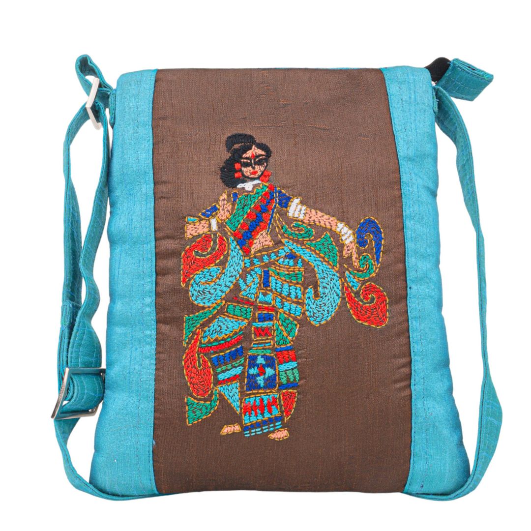 Handmade Embroidered Sling Bag | Colourful Dancing Woman Motif| Indian Classical Dance | Casual Crossbody