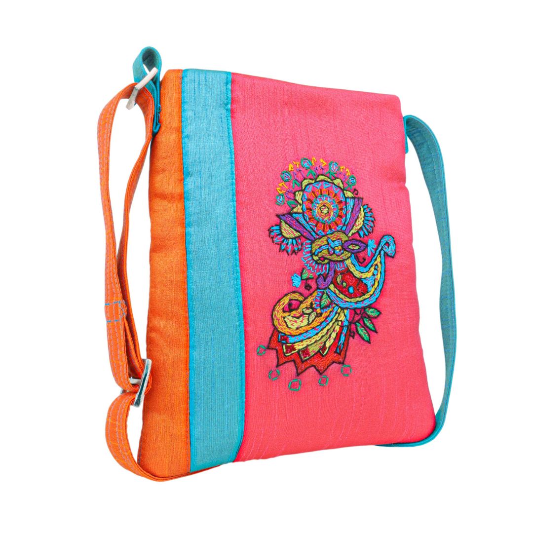 Handmade Embroidered Sling Bag | Quirky Colourful Paisley Motif | Fun Everyday Crossbody