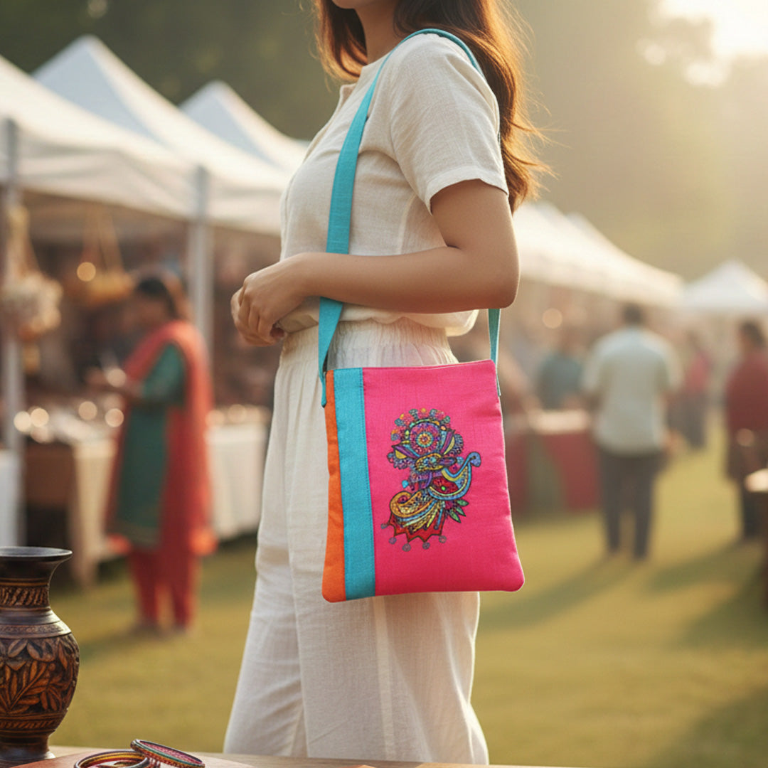 Handmade Embroidered Sling Bag | Quirky Colourful Paisley Motif | Fun Everyday Crossbody