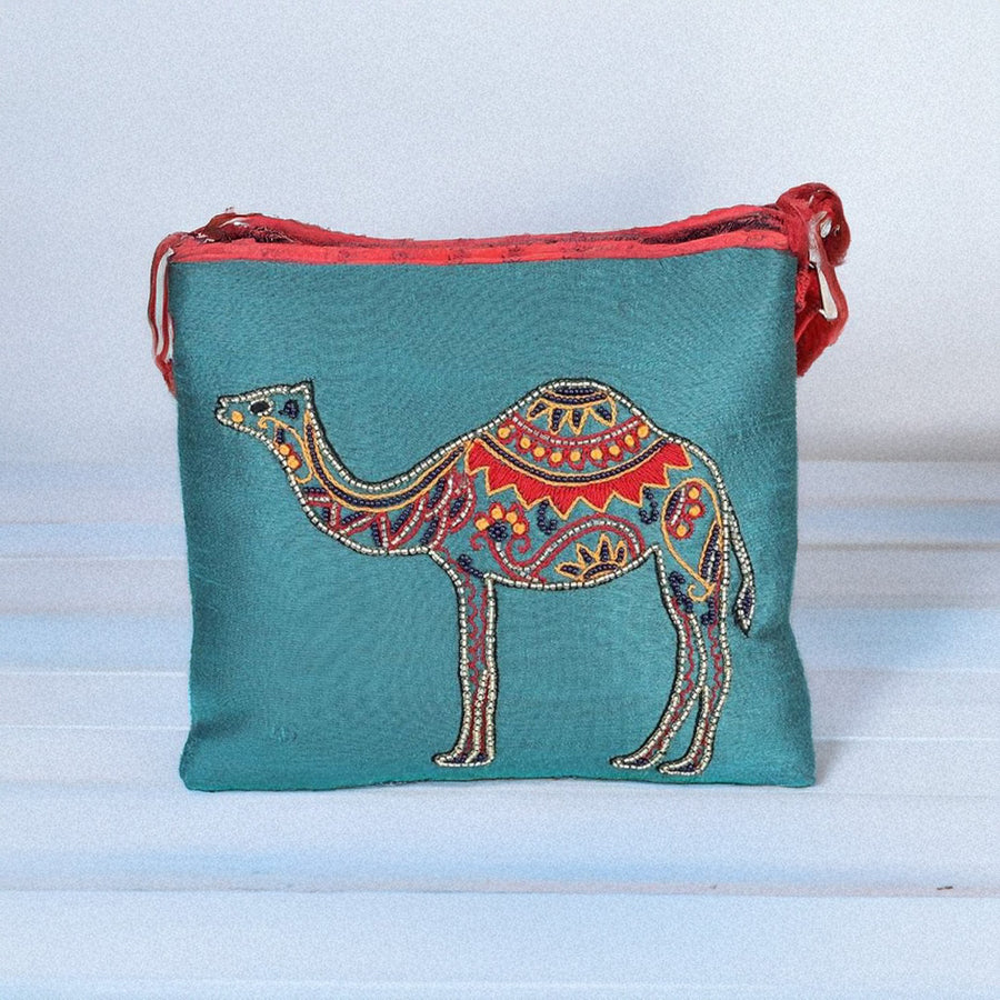 Handmade cotton sling bag for women with camel embroidery