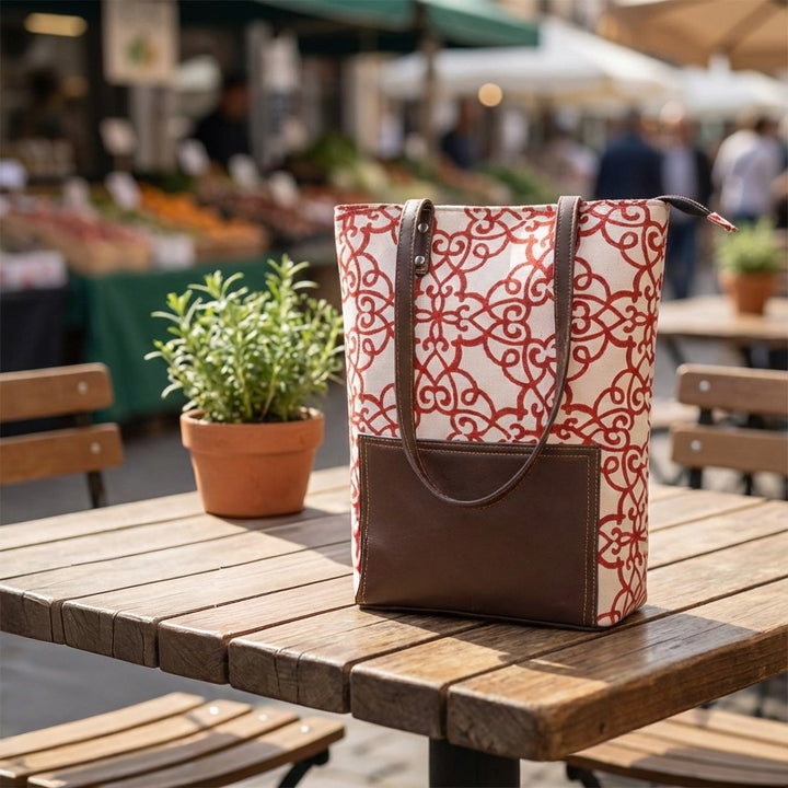 Handmade Cotton Tote Bag | Red Motif Hand Block Print | Everyday Shoulder Bag