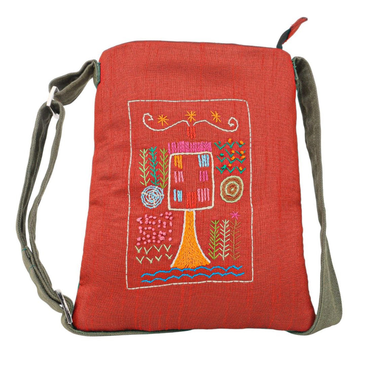 Quirky house tree embroidery crossbody bag