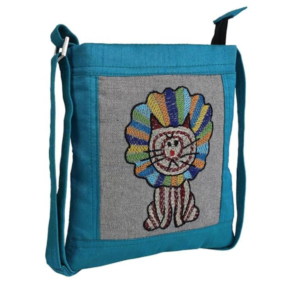 Hand embroidered lion design kids crossbody bag