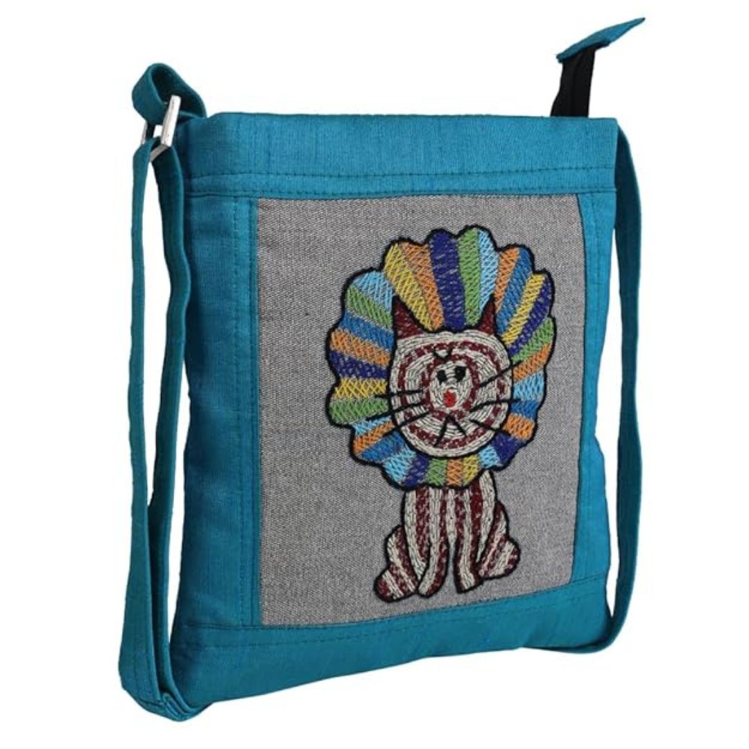 Hand embroidered lion design kids crossbody bag