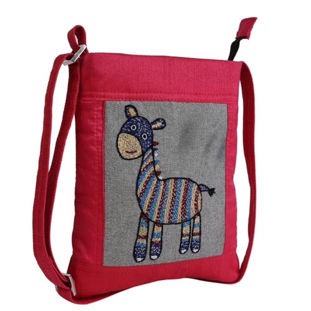 Hand embroidered giraffe kids crossbody bag front view