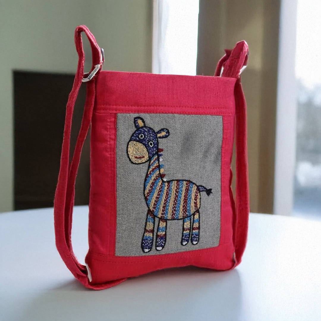 Handmade kids sling bag for girls with giraffe embroidery