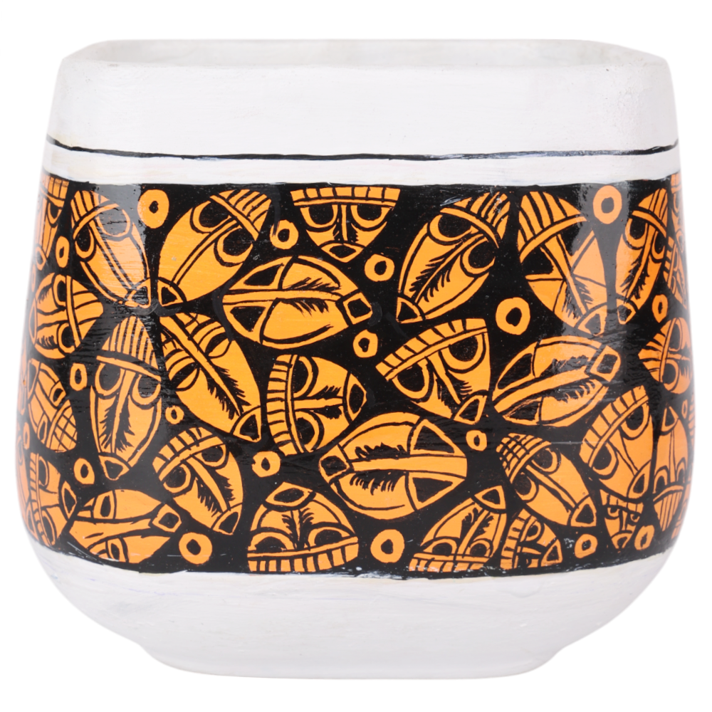 Indha Hand-Painted Ceramic Planter – Orange &amp; Black | Artisan Home Décor | 13.8 cm Height