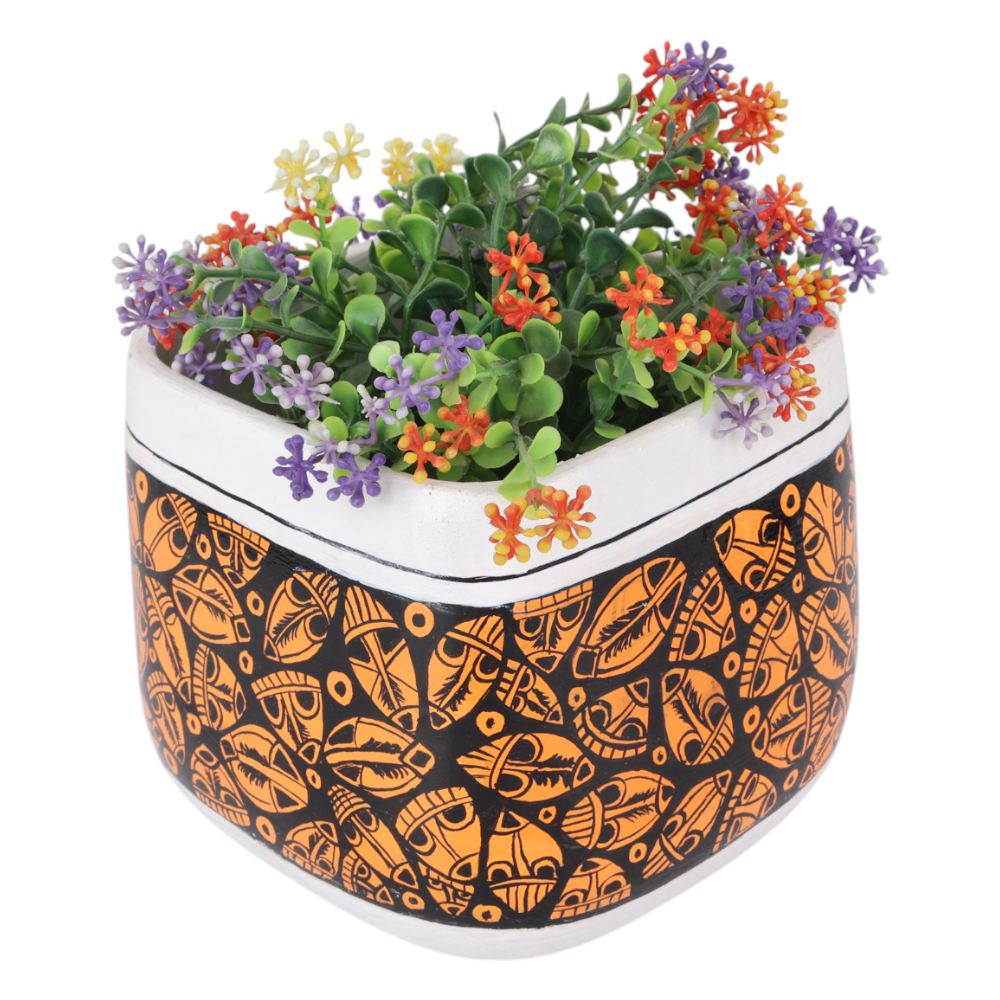 Indha Hand-Painted Ceramic Planter – Orange &amp; Black | Artisan Home Décor | 13.8 cm Height