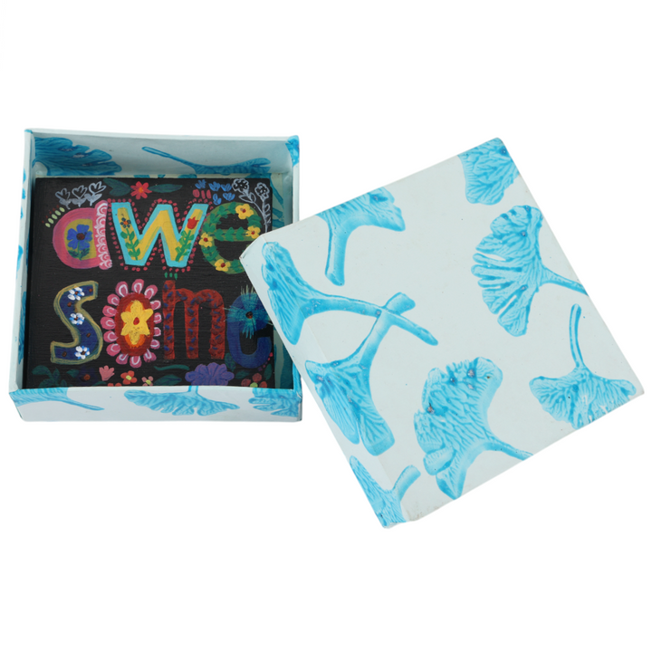 Indha Hand-Painted Wooden Coaster Set – Set of 6 | 4x4 inch | Repurposed Wood | Quirky “Be Awesome” Handwritten Reminder | Eco-Friendly Gift