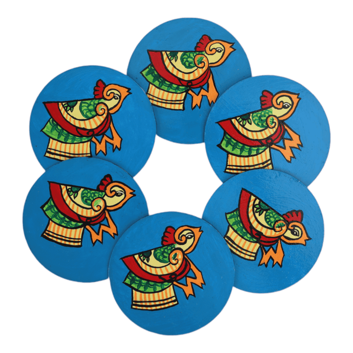 Indha Hand Painted Blue Daisy Recycled Wooden Coasters | Pack of 6 |Living Room Decor | Tribal Craft | Ethnic Craft | Handmade | Sustainable Gift set| Corporate Gifts | Made in India |Rural Craft