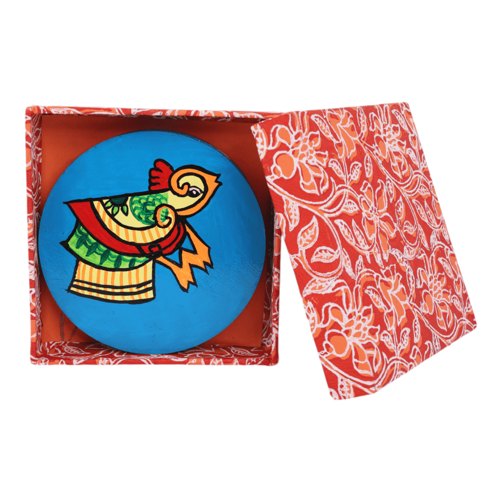 Indha Hand Painted Blue Daisy Recycled Wooden Coasters | Pack of 6 |Living Room Decor | Tribal Craft | Ethnic Craft | Handmade | Sustainable Gift set| Corporate Gifts | Made in India |Rural Craft