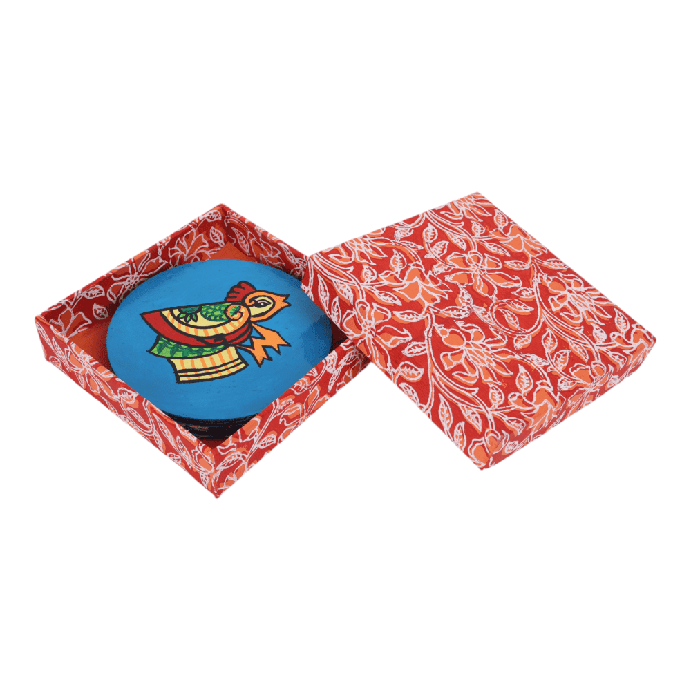 Indha Hand Painted Blue Daisy Recycled Wooden Coasters | Pack of 6 |Living Room Decor | Tribal Craft | Ethnic Craft | Handmade | Sustainable Gift set| Corporate Gifts | Made in India |Rural Craft