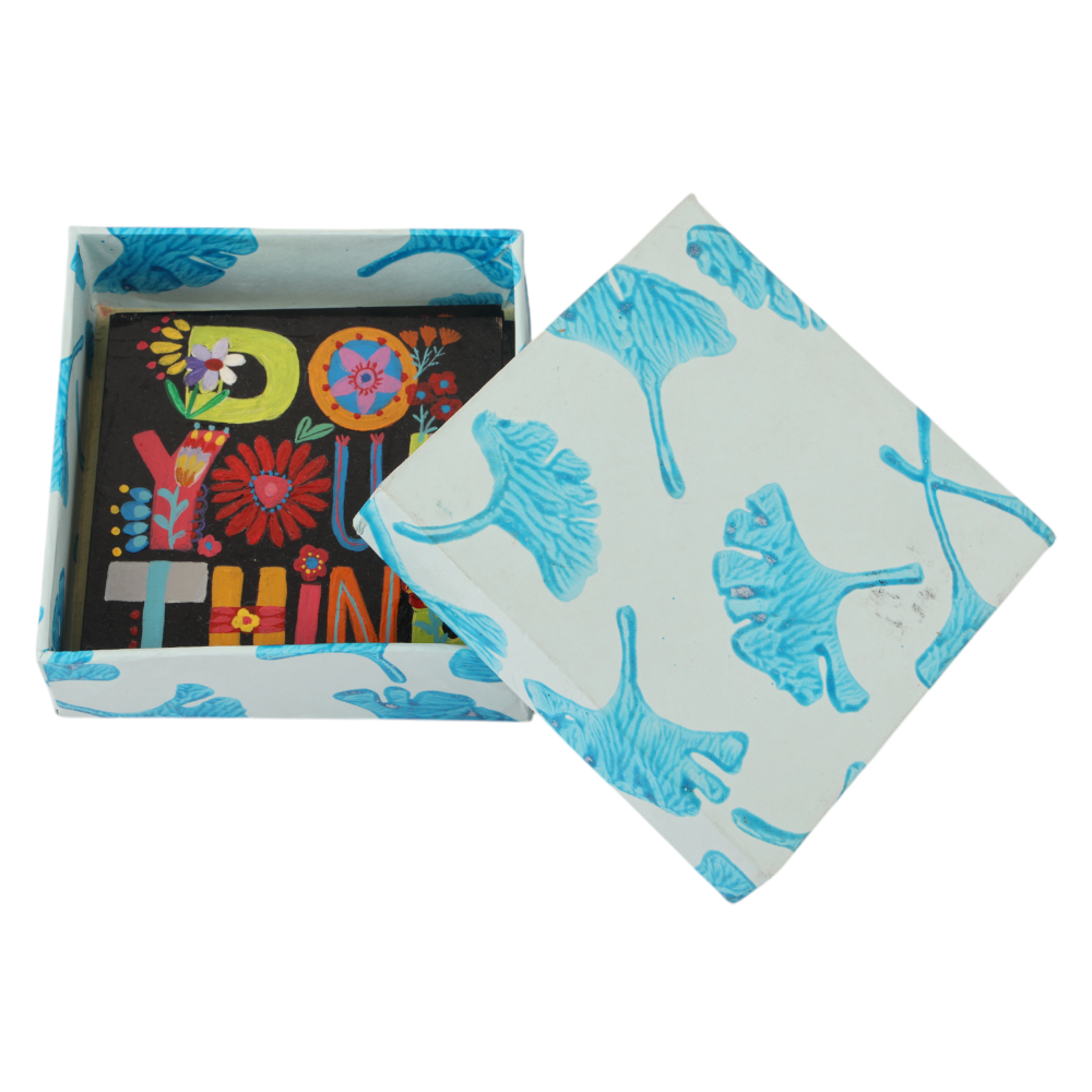 Indha Hand-Painted Wooden Coaster Set – Set of 6 | 4x4 inch | Repurposed Wood | Quirky “Do Your Thing” Handwritten |Painted | Eco-Friendly Gift