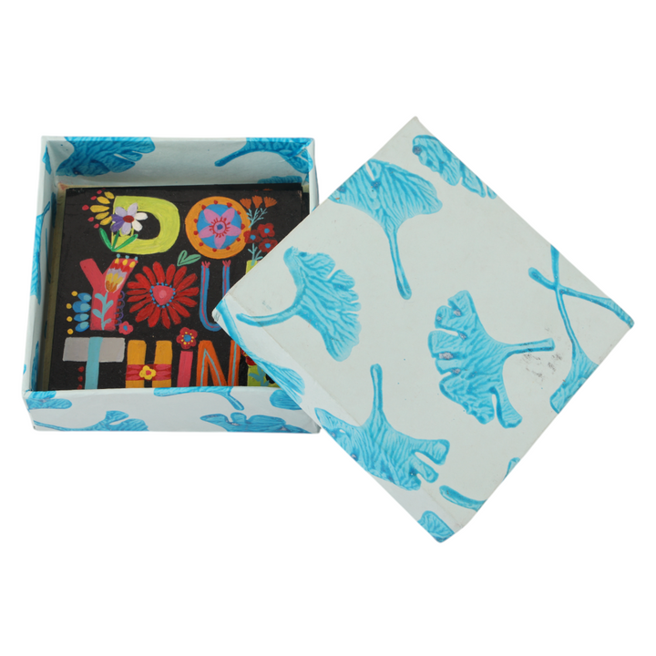 Indha Hand-Painted Wooden Coaster Set – Set of 6 | 4x4 inch | Repurposed Wood | Quirky “Do Your Thing” Handwritten |Painted | Eco-Friendly Gift