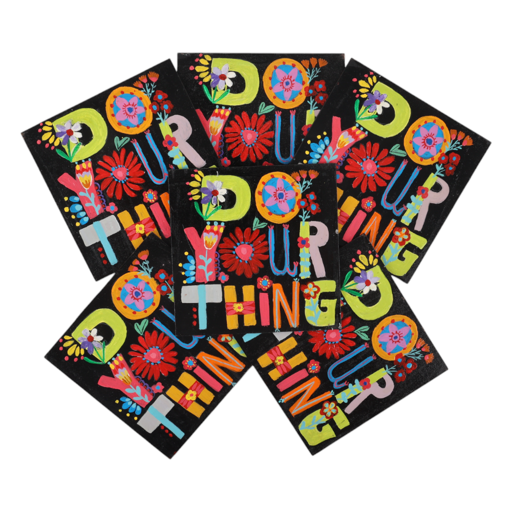 Indha Hand-Painted Wooden Coaster Set – Set of 6 | 4x4 inch | Repurposed Wood | Quirky “Do Your Thing” Handwritten |Painted | Eco-Friendly Gift