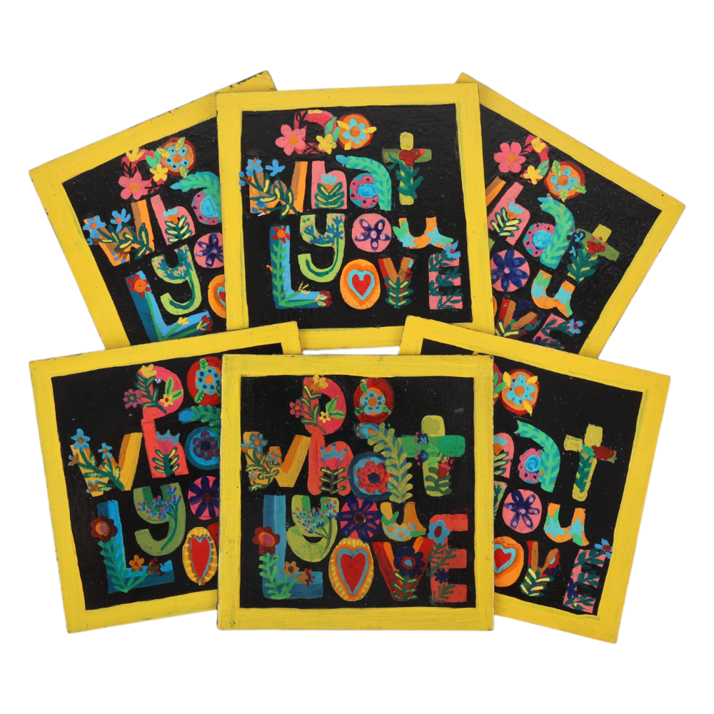 Indha Hand-Painted Wooden Coaster Set – Set of 6 | 10 x 10 cm | Repurposed Wood | “Do What You Love” Handwritten Painted Reminder | Eco-Friendly Gift