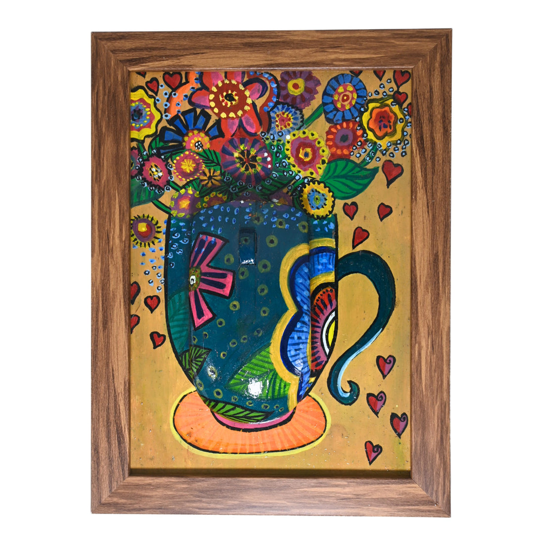 Indha Handpainted Floral Pot Wall Art | Upcycled Mouse &amp; MDF with Repurposed Wood Frame | Sustainable Home Décor with Vegan Leather Back