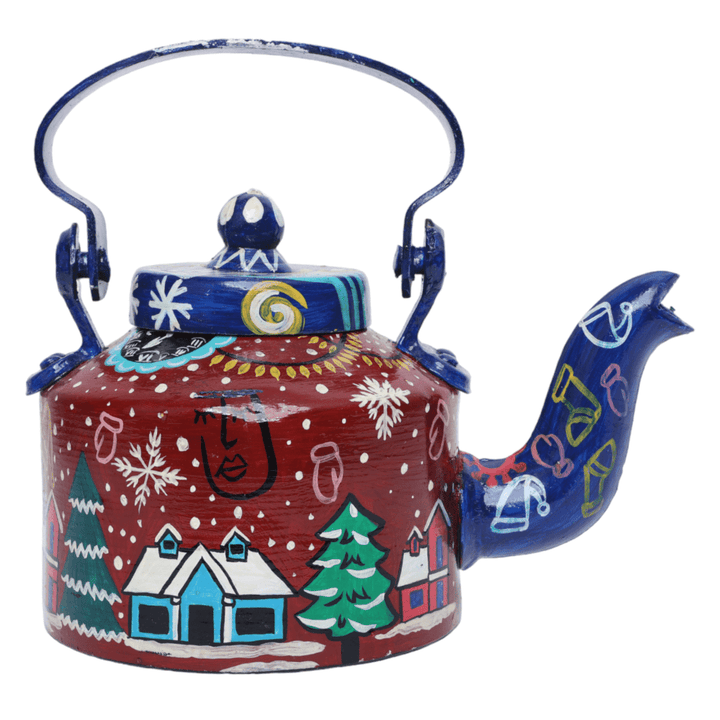Indha Hand-Painted Aluminium Kettle with Christmas Theme – Large Decorative Serving Kettle, Perfect for Holiday Entertaining and Elegant Home Decor Gift