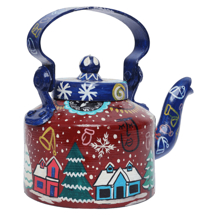 Indha Hand-Painted Aluminium Kettle with Christmas Theme – Large Decorative Serving Kettle, Perfect for Holiday Entertaining and Elegant Home Decor Gift