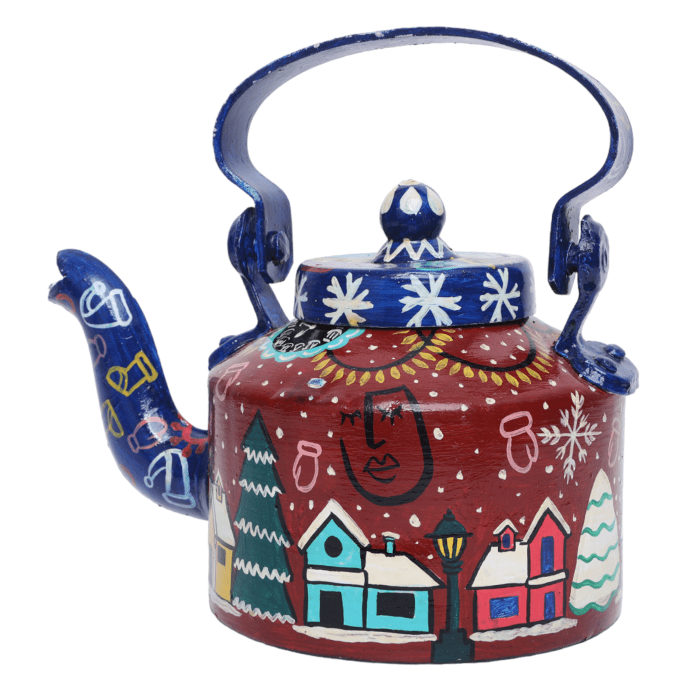 Indha Hand-Painted Aluminium Kettle with Christmas Theme – Large Decorative Serving Kettle, Perfect for Holiday Entertaining and Elegant Home Decor Gift