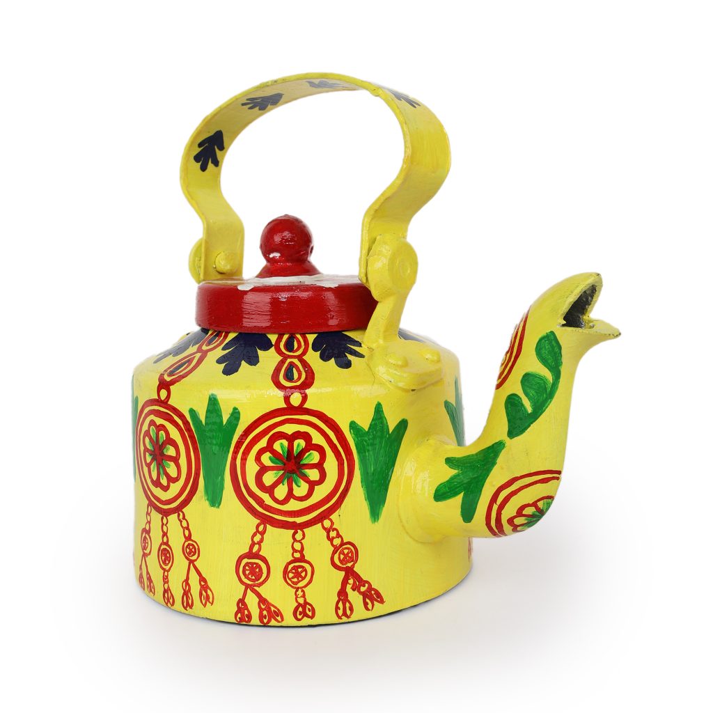 INDHA Yellow Handpainted Aluminium Decorative 	Kettle With Wind Chimes Print | Handpainted Décor | Home Décor | Home Utility | Living Room Décor | Gifting | Décor | Kitchen Utility
