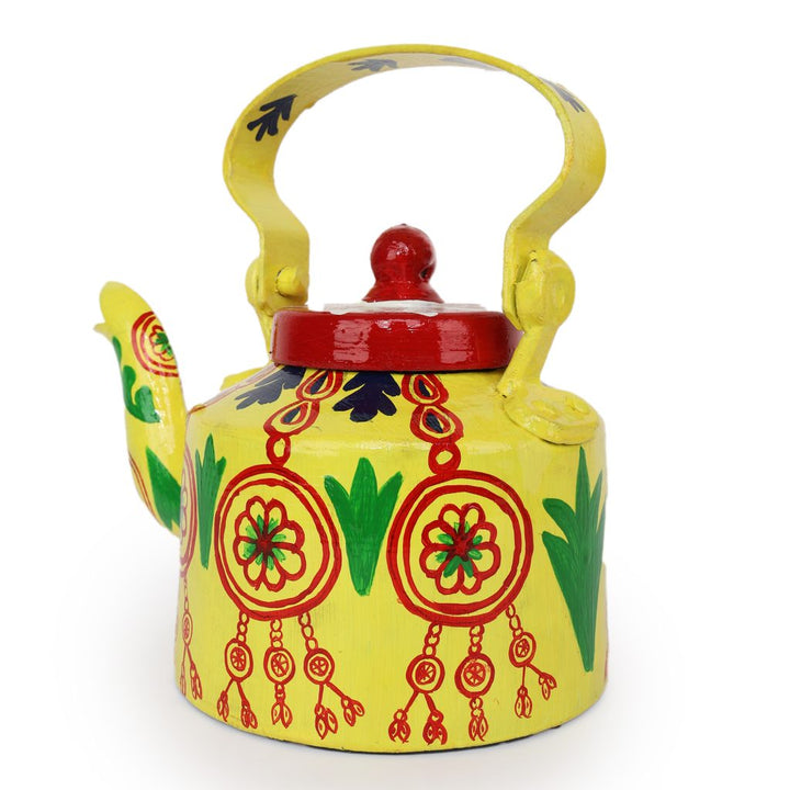 INDHA Yellow Handpainted Aluminium Decorative 	Kettle With Wind Chimes Print | Handpainted Décor | Home Décor | Home Utility | Living Room Décor | Gifting | Décor | Kitchen Utility