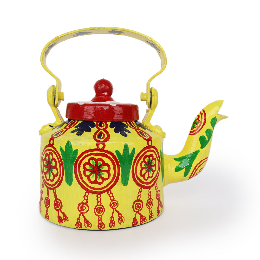 INDHA Yellow Handpainted Aluminium Decorative 	Kettle With Wind Chimes Print | Handpainted Décor | Home Décor | Home Utility | Living Room Décor | Gifting | Décor | Kitchen Utility