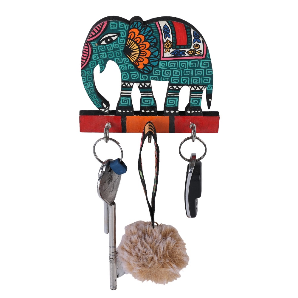 Indha Handcrafted Key Holder | Elephant Design Key Holder| Multicolor Key Holder | Reprocessed Wood Key Holder | Handmade | Handpainted Key Holder | Home Décor | Office Utility | Home Utility |