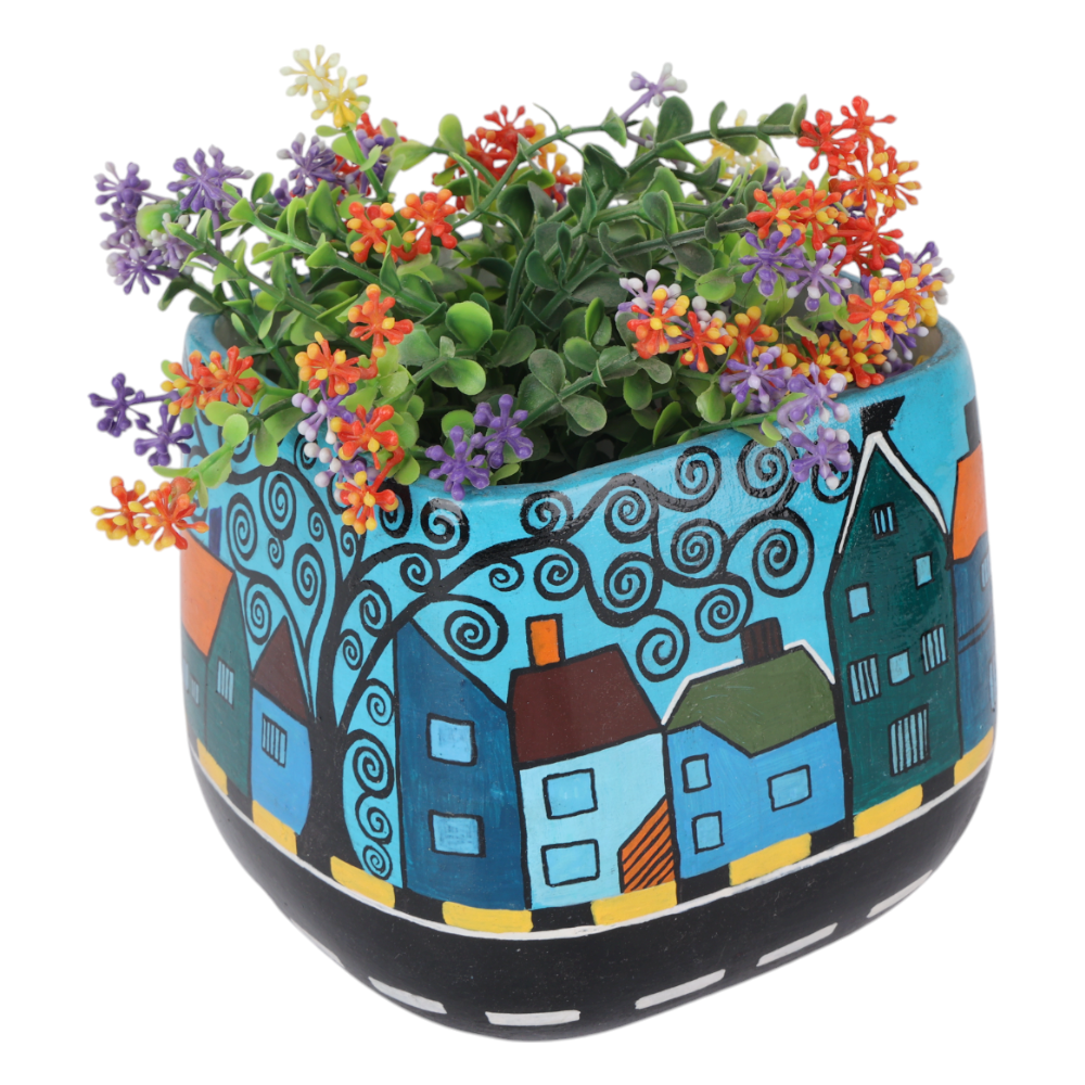 Indha Hand-Painted Ceramic Planter – Blue | Artisan Home Décor | 13.8 cm Height