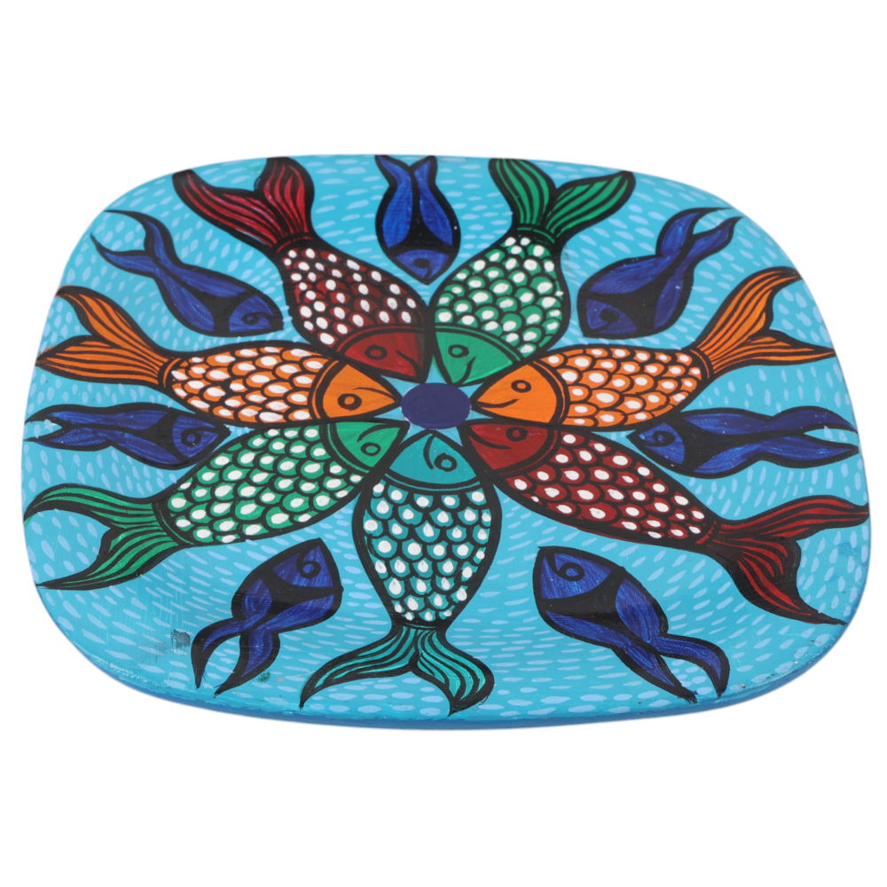 Indha Hand-Painted Ceramic Plate – School of Fishes | 15.5 cm | Blue | Decorative Tableware, Mug Cover, or Desk Organizer Tray