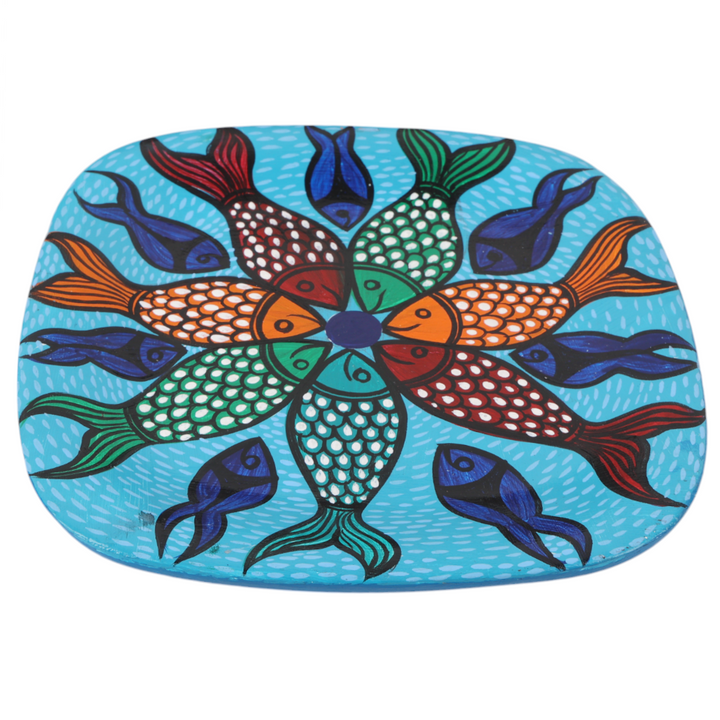 Indha Hand-Painted Ceramic Plate – School of Fishes | 15.5 cm | Blue | Decorative Tableware, Mug Cover, or Desk Organizer Tray