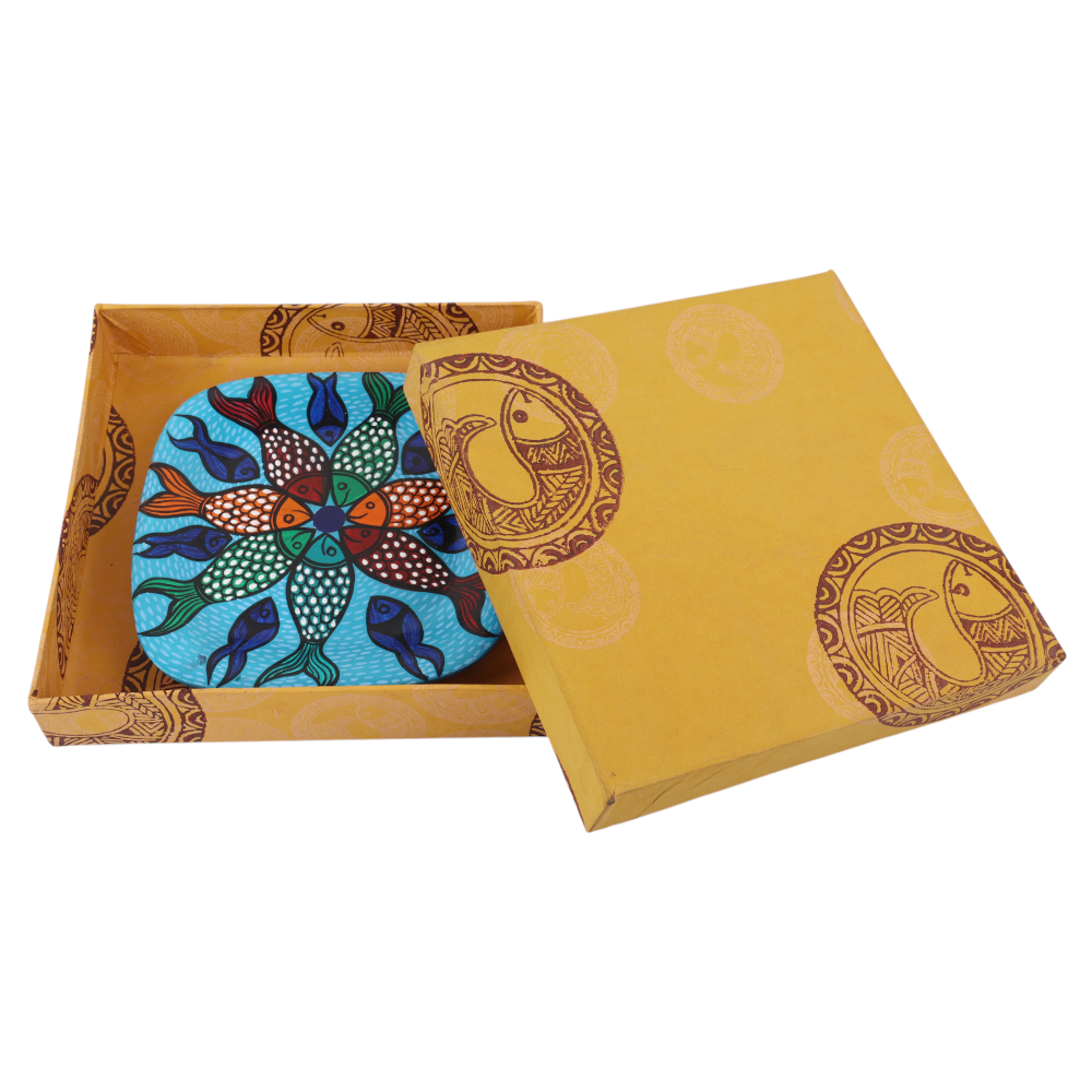 Indha Hand-Painted Ceramic Plate – School of Fishes | 15.5 cm | Blue | Decorative Tableware, Mug Cover, or Desk Organizer Tray