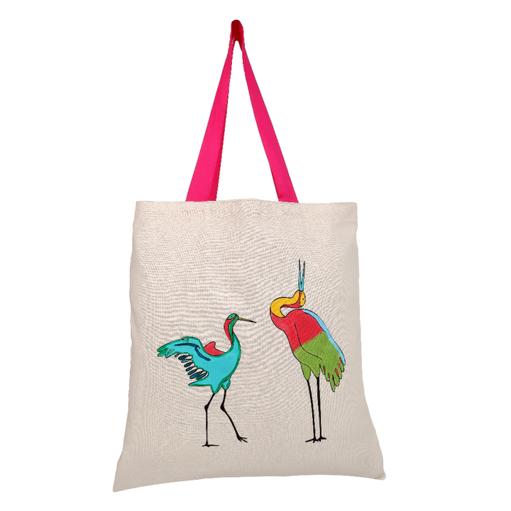 Indha Hand-Painted Bird Print Tote Bag – Cotton | Multi utility Shoulder Bag | Eco-Friendly | 40 x 38 cm