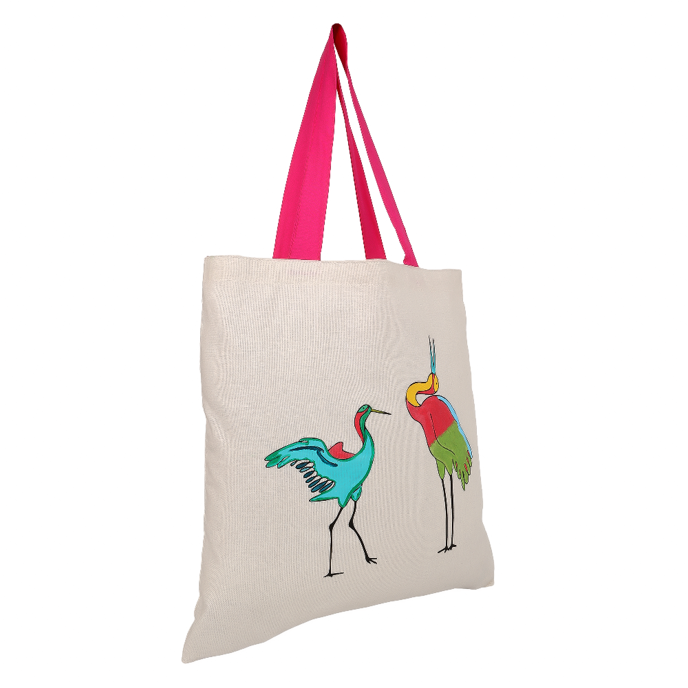 Indha Hand-Painted Bird Print Tote Bag – Cotton | Multi utility Shoulder Bag | Eco-Friendly | 40 x 38 cm