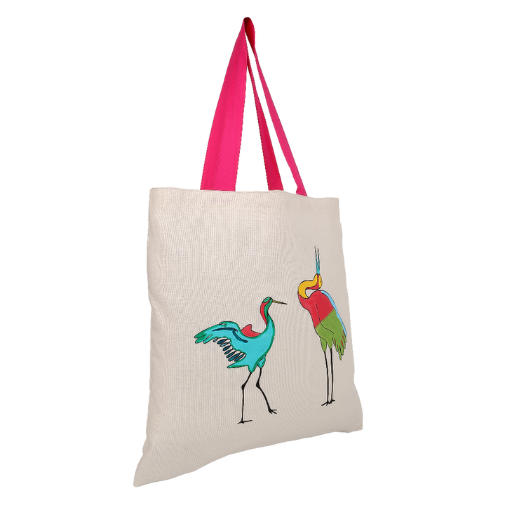 Indha Hand-Painted Bird Print Tote Bag – Cotton | Multi utility Shoulder Bag | Eco-Friendly | 40 x 38 cm