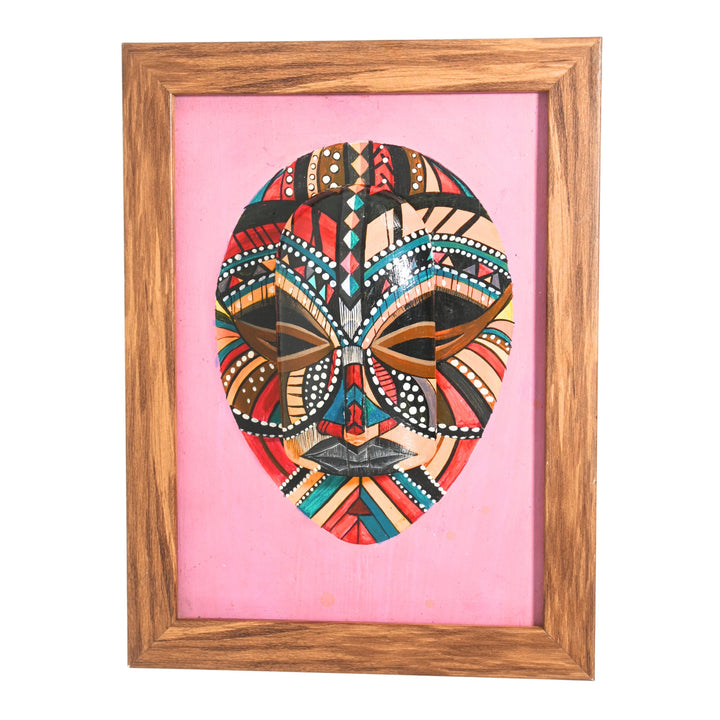 Indha Handpainted Tribal Face Wall Art | Upcycled Mouse &amp; MDF with Repurposed Wood Frame | Sustainable Ethnic Décor with Vegan Leather Back