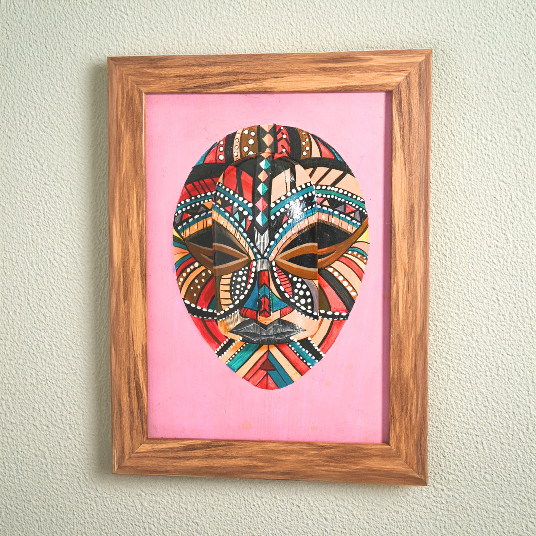 Indha Handpainted Tribal Face Wall Art | Upcycled Mouse &amp; MDF with Repurposed Wood Frame | Sustainable Ethnic Décor with Vegan Leather Back