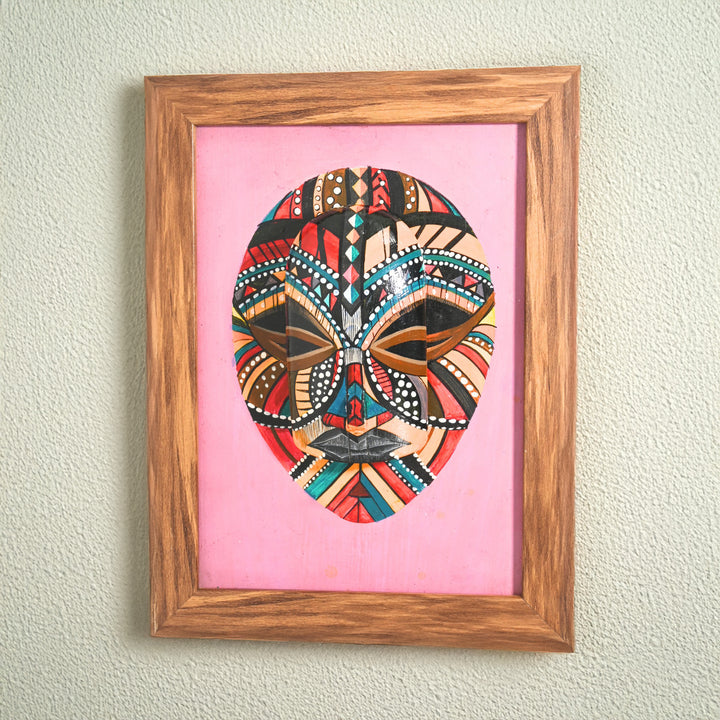 Indha Handpainted Tribal Face Wall Art | Upcycled Mouse &amp; MDF with Repurposed Wood Frame | Sustainable Ethnic Décor with Vegan Leather Back